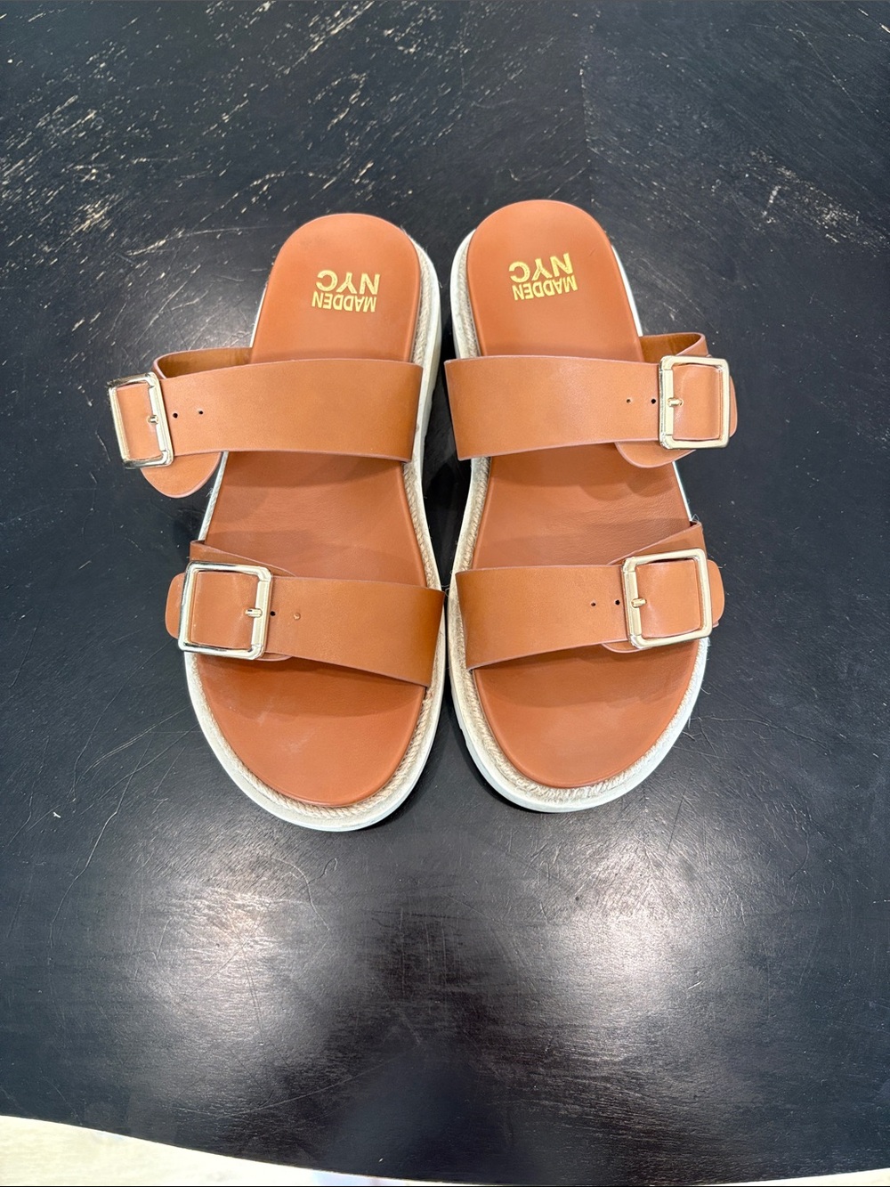 Double-strap Buckle Leather Slides - Cognac
